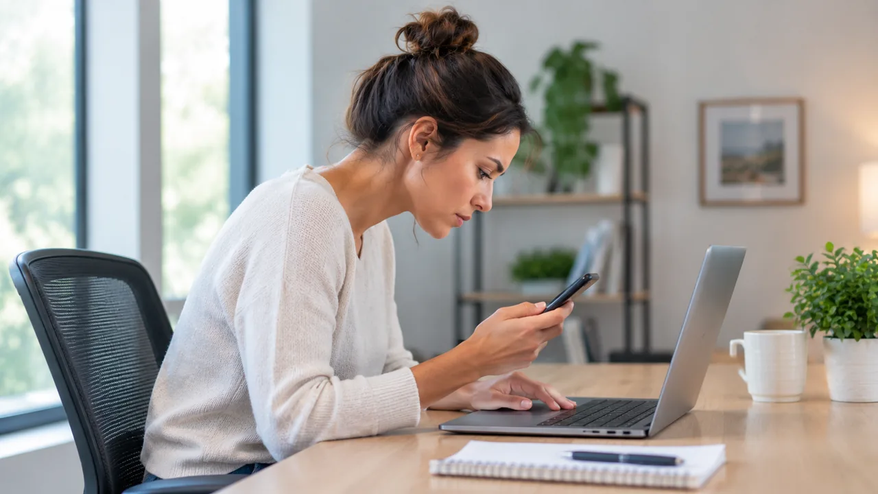 Woman at a desk hunched forward looking down at her phone with a laptop open, head tilted in forward posture